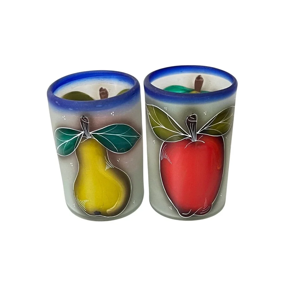 Vintage Mexican Frosted Glass Tumblers Multicolor Vintage Fruit Set of 2